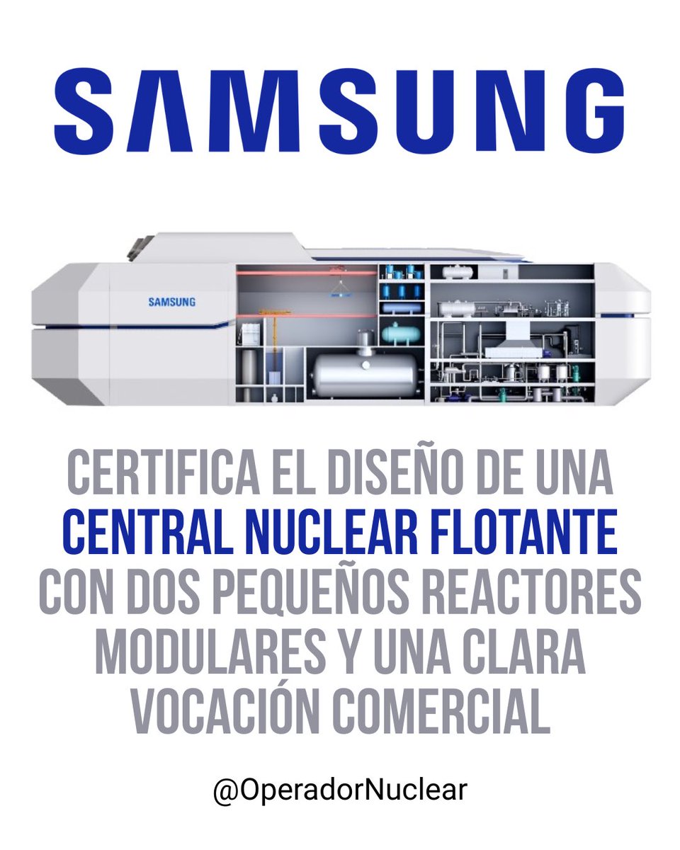 OperadorNuclear's tweet photo. Esto va en serio. Corea del Sur 🇰🇷 ha obtenido una certificación preliminar para el diseño de una central nuclear flotante basada en pequeños reactores modulares. Detrás del proyecto está Samsung Heavy Industries, uno de los grandes actores mundiales de la construcción naval y la ingeniería industrial compleja.

La certificación, una Approval in Principle concedida por el American Bureau of Shipping, no autoriza todavía la construcción ni la operación, pero confirma que el diseño es técnicamente viable y compatible con los requisitos básicos de seguridad naval y nuclear.

El concepto desarrollado integra dos reactores SMART100 en una plataforma flotante. Es un reactor de agua a presión compacto, de diseño integral. Los principales componentes del circuito primario se alojan dentro de una única vasija, lo que reduce tuberías externas y limita los escenarios de grandes pérdidas de refrigerante. Es un planteamiento conservador, basado en tecnología conocida.

El reactor incorpora sistemas de seguridad pasivos, capaces de garantizar la refrigeración y la parada segura sin alimentación eléctrica externa ni intervención humana durante un periodo prolongado. El combustible es similar al utilizado en reactores convencionales, apoyándose en cadenas de suministro y experiencia operativa existentes.

La plataforma flotante se diseña con criterios de la industria naval pesada. El reactor se construye y prueba en tierra antes de su instalación, lo que permite un mayor control industrial y reduce incertidumbres durante el despliegue. El conjunto está pensado para suministrar electricidad y calor a zonas costeras, regiones aisladas o instalaciones industriales donde una central terrestre resulta difícil de implantar.

https://t.co/bQqwPXRBdQ