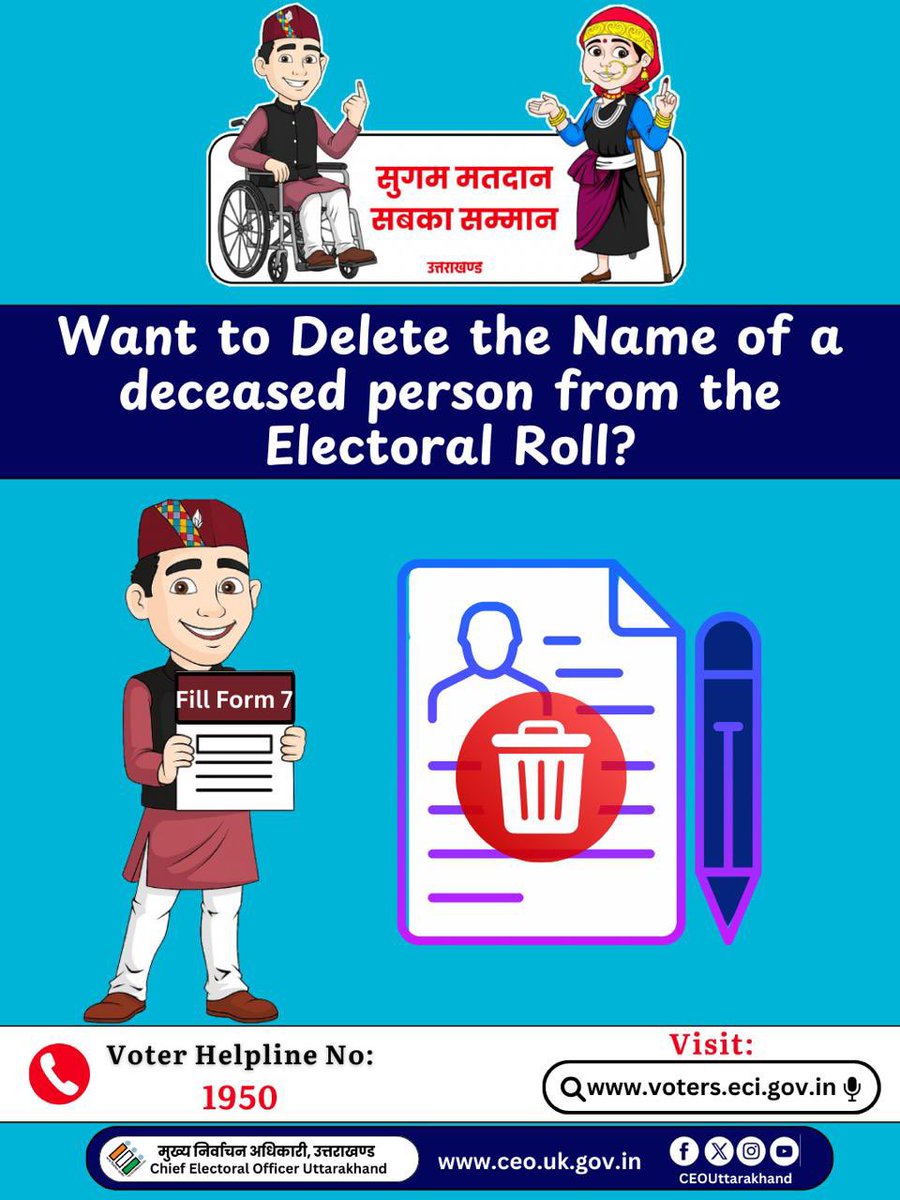 UttarakhandCEO's tweet photo. Want to delete the name of a deceased person from the Electoral Roll? Fill Form 7 by downloading the ECINet app or visit https://t.co/FPt7vD2SOh

#VotersAwareness
#NameDeletion
#Form7
#ECI
#CEOUttarakhand https://t.co/D610va1h5t