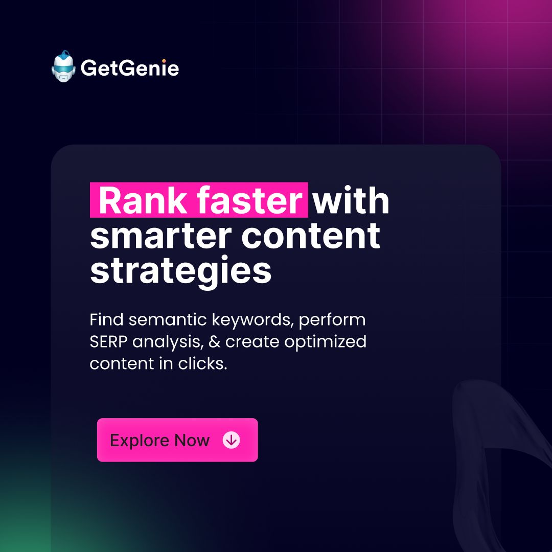 getgenieai's tweet photo. Rank faster with smarter content strategies using GetGenie!🚀
Discover semantic keywords, run SERP analysis, &amp; craft optimized content in just clicks. 

Level up your SEO game! Explore now: https://t.co/xolnOgiVda 

#SEO #ContentStrategy #GetGenieAI https://t.co/Ko7i3LRC7U