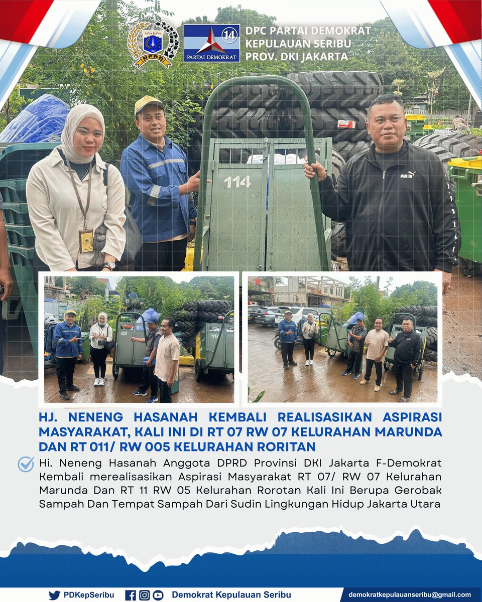 Hi. Neneng Hasanah Anggota DPRD Provinsi DKI Jakarta F-Demokrat Kembali merealisasikan Aspirasi Masyarakat RT 07/ RW 07 Kel. Marunda &amp; RT 11 RW 05 Kel. Rorotan Kali Ini Berupa Gerobak Sampah Dan Tempat Sampah Dari Sudin Lingkungan Hidup Jakarta Utara

#PartaiDemokrat #DemokratDKI