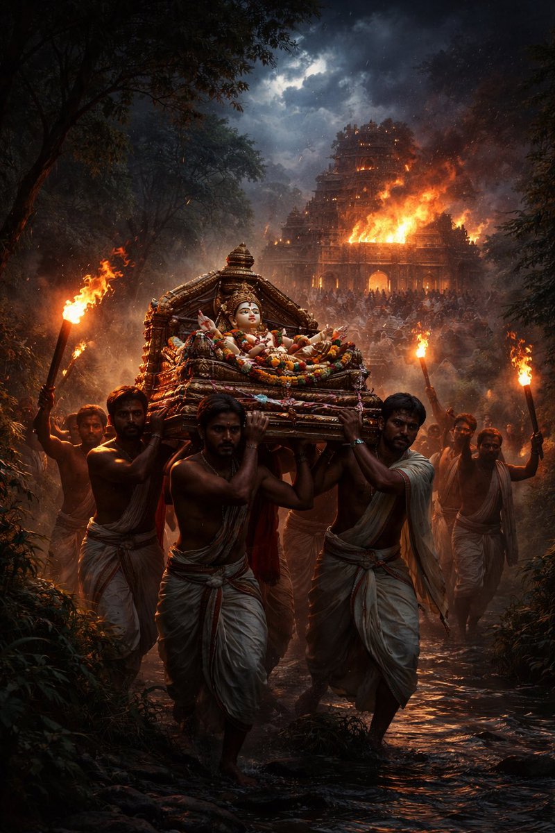 CommanMan777589's tweet photo. The Vaishnavas of Srirangam – The Night Ranganatha Refused to Be Taken

The year was 1311 CE.

Malik Kafur’s banners were already drinking blood in the south.

Madurai had fallen.
Chidambaram trembled.
Srirangam stood next — the living heart of Sri Vaishnavism.

The Kaveri flowed quietly that night.
Too quietly.

Inside the vast corridors of the Ranganathaswamy Temple, lamps burned low.

Not in panic.
In preparation.

The priests of Srirangam knew the pattern.

Invaders did not come for stone.
They came to humiliate faith.

And Ranganatha was not a symbol.

He was seva itself — daily rituals, living presence, unbroken worship.

No army would defend Him.
No walls would stop fire.

So the Vaishnavas chose movement.

Under cover of darkness, the utsava murti — the walking form of Ranganatha — was lifted.

Silk replaced gold.
Mantras replaced music.

No conch was blown.

Because survival does not announce itself.

Through river crossings, forest paths, and villages that spoke only whispers,
Ranganatha moved south.

Away from records.
Away from conquest.
Away from the satisfaction of destruction.

By morning, Malik Kafur’s men entered Srirangam.

They broke pillars.
They shattered halls.
They proclaimed victory.

Imperial chroniclers recorded a temple “defeated.”

But the deity was gone.

Not stolen.
Not destroyed.

Withdrawn.

For decades, Ranganatha lived on the move —
in Tirupati,
in Kerala,
in hidden sanctums where lamps never went out.

Seva continued.

Not reduced.
Not altered.
Not afraid.

When the storm passed, Ranganatha returned.

The temple was repaired.
Rituals resumed as if no interruption had ever occurred.

Because for Bhakti, time pauses — it does not break.

History remembers Malik Kafur’s raids.

Bhakti remembers something else:

That the god they came to conquer
was never there to be conquered.

The Vaishnavas of Srirangam did not resist with swords.

They resisted with continuity.

They did not fight history.

They outlived it.

That is why Ranganatha still reclines on Adisesha today.

Empires collapse.

Seva remains.

Om Namo Narayanaya