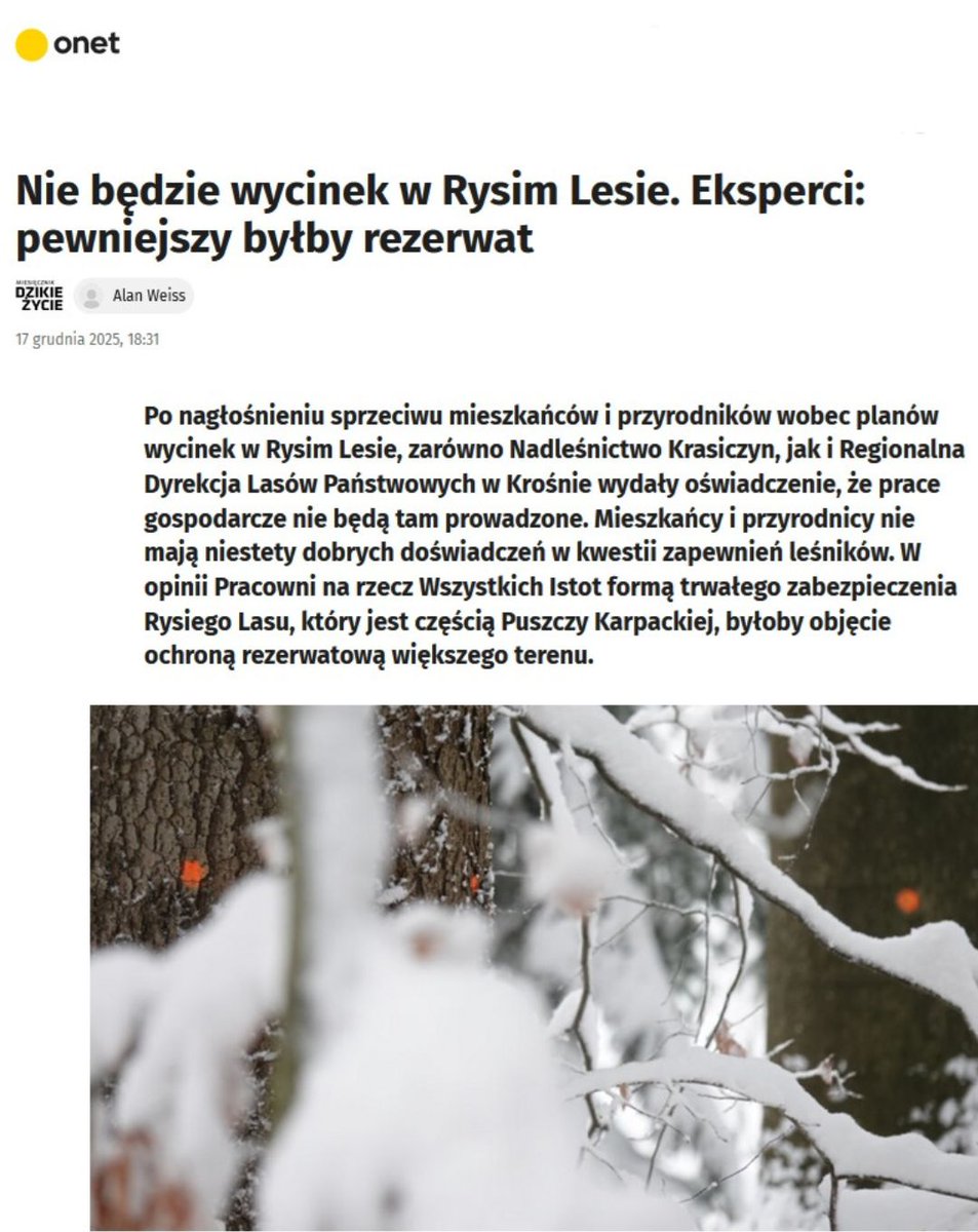 🟠 Wierzycie?
Dopóki leśnicy mogą stawiać gdzieś pomarańczowe kropki, dopóty drzewa nie są bezpieczne. W tym te najcenniejsze.
Reakcja nadleśnictwa i RDLP w Krośnie cieszy, ale realnie ⚠️ tylko ochrona rezerwatowa zabezpieczy #RysiLas w #PuszczaKarpacka, <a href="/hennigkloska/">Paulina Hennig-Kloska</a>