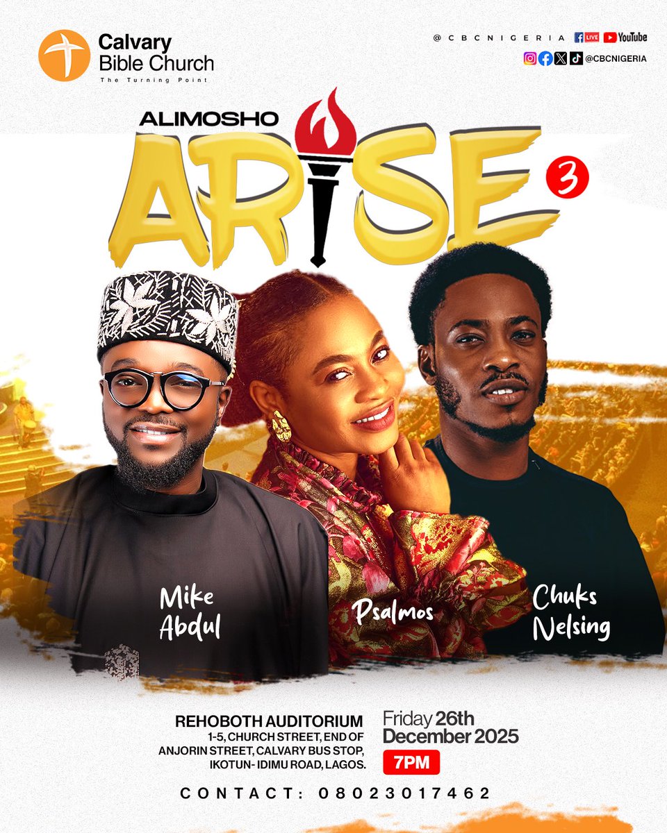 CBCNigeria's tweet photo. Get ready to experience the most unforgettable event of the year! Join us on Fri  Dec 26th  at Calvary Bible Church HQ for #AA3. You don't want to miss out on this epic event!

#AlimoshoArise3
#AlimoshoArise 
#CBCCelebrates 
#CBCGlobal https://t.co/NXDpB8UPlM