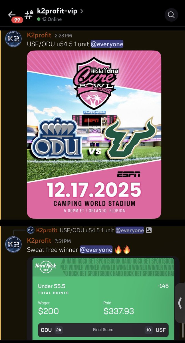 K2Profits's tweet photo. Delaware +3 ✅
ODU/USF u54.5✅

2-0 sweep 6-0 last 2 days 🔥

3 DAY FREE TRIAL LINK BELOW 👇 

https://t.co/hdzTArRx9v #sportsbettingx #CFBPlayoff #Trending #freeplay #SportsGambling https://t.co/ULXkXML8sd