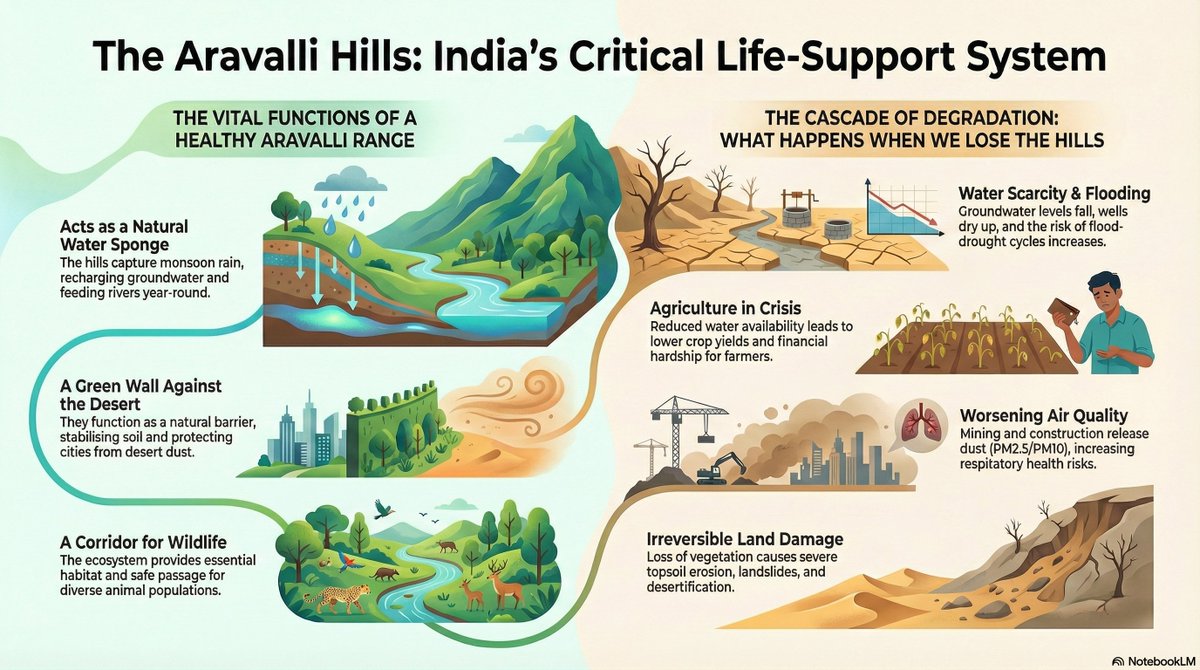 Rock4754's tweet photo. 🌳⛰️ #SaveAravali

This is NOT about “hills.”
It’s about water, food, air & climate for North India..

The Aravalli range is a silent life-support system.
Undermine it , and multiple systems fail together..

🔬 The scientific data:

💧 Water:

• 20–45% of local groundwater recharge in parts of Rajasthan–Haryana comes from Aravalli hill systems.
• Disturbance = recharge collapse → water tables falling ~0.5–1.5 m/year.

🌊 Rivers:

• Aravalli-fed rivers survive on groundwater baseflow.
• Less recharge = flash floods during rain, dead rivers afterward.

🌾 Food:
• ~60% of irrigation here depends on groundwater.
• Deeper borewells = 30–70% higher energy costs → 10–25% crop yield loss.

🟤 Soil:

• Thin hill soils erode 5–10× faster once vegetation is removed.
• 1 cm of topsoil = 100–300 years to regenerate.

🦋 Biodiversity:

• Habitat fragmentation can cut local species by 30–50% within a decade.
• Pollinator loss directly hits crops.

🌫️ Air & health:

• Aravallis are a natural dust barrier for NCR.
• Every +10 µg/m³ PM2.5 raises mortality risk by ~4–6%.

#SaveAravali #SaveAravaliHills