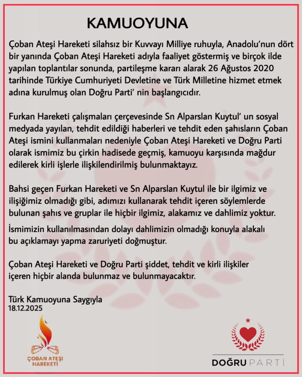 Dün yaptığım paylaşımda tehditkar ifadeler kullanan şahıslar Çoban Ateşinden aradıklarını söylemişlerdi. 

Bu paylaşım üzerine önceleri Çoban Ateşi Hareketi olarak faaliyet göstermiş sonrasında Doğru Parti adıyla partileşmiş olan Doğru Parti yetkilileri bize ulaşarak bu çirkin