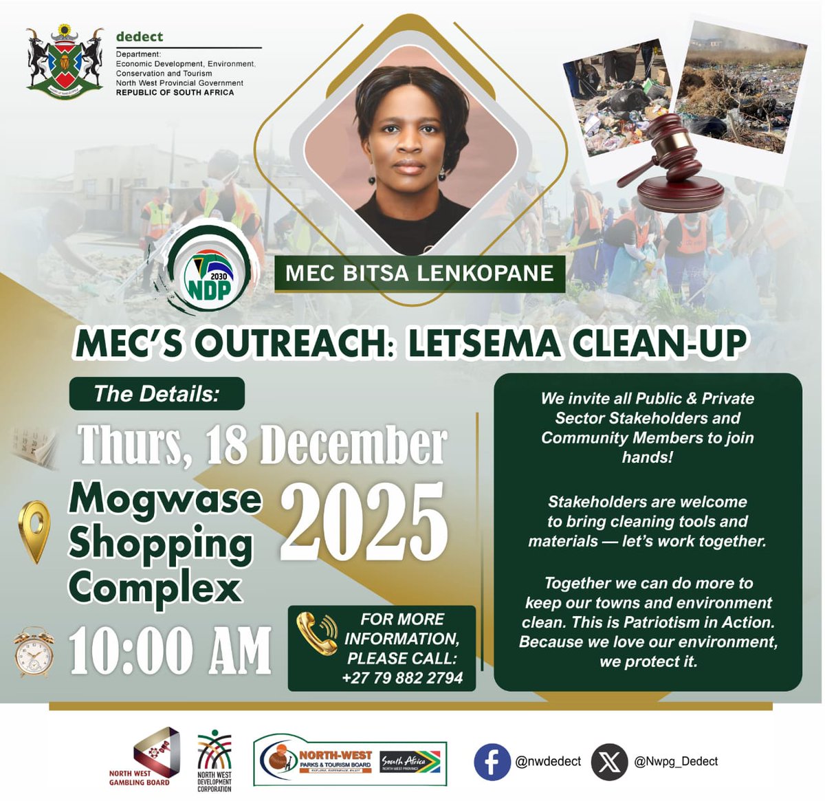 Join MEC Bitsa Lenkopane today in Mogwase for a day of community action. We’re calling on both the public and private sectors to join hands in the Letsema Clean-Up. ​Together, we can do more! 🤝

​The Details:
📍 Mogwase Shopping Complex
⏰ 10:00 AM
📞 +27 79 882 2794

 #Letsema