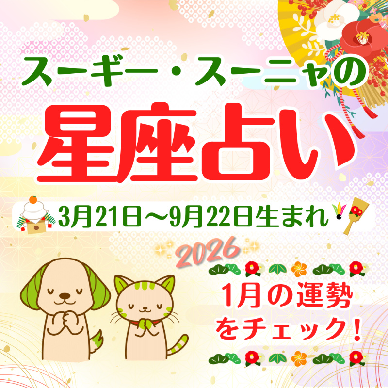 SUGIofficial_JP's tweet photo. もうすぐ2025年が終わるワン🐶
楽しかったこと、涙したこと。
いろいろあった一年、その全部が大切な思い出だニャ😸

スーギー・スーニャの星座占い🔯
まずはおひつじ座〜おとめ座の1月の運勢を発表するよ！
新しい年を、自分らしくスタートするためのヒントにしてみてね✨

#スギ薬局