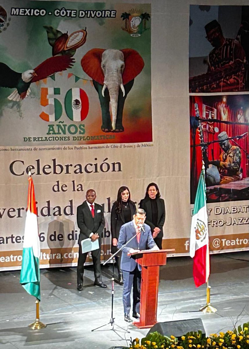 Una magnífica velada cultural para conmemorar el 50 aniversario de relaciones diplomáticas México-Cote d’Ivoire, evento al que asistí en representación de la <a href="/SRE_mx/">Relaciones Exteriores</a>. Gracias Emb. Djerou Ly <a href="/ambacimexmx/">Emb Costa de Marfil</a>: ejemplo de diplomacia cultural para acercar a nuestros países 🇲🇽🤝🇨🇮