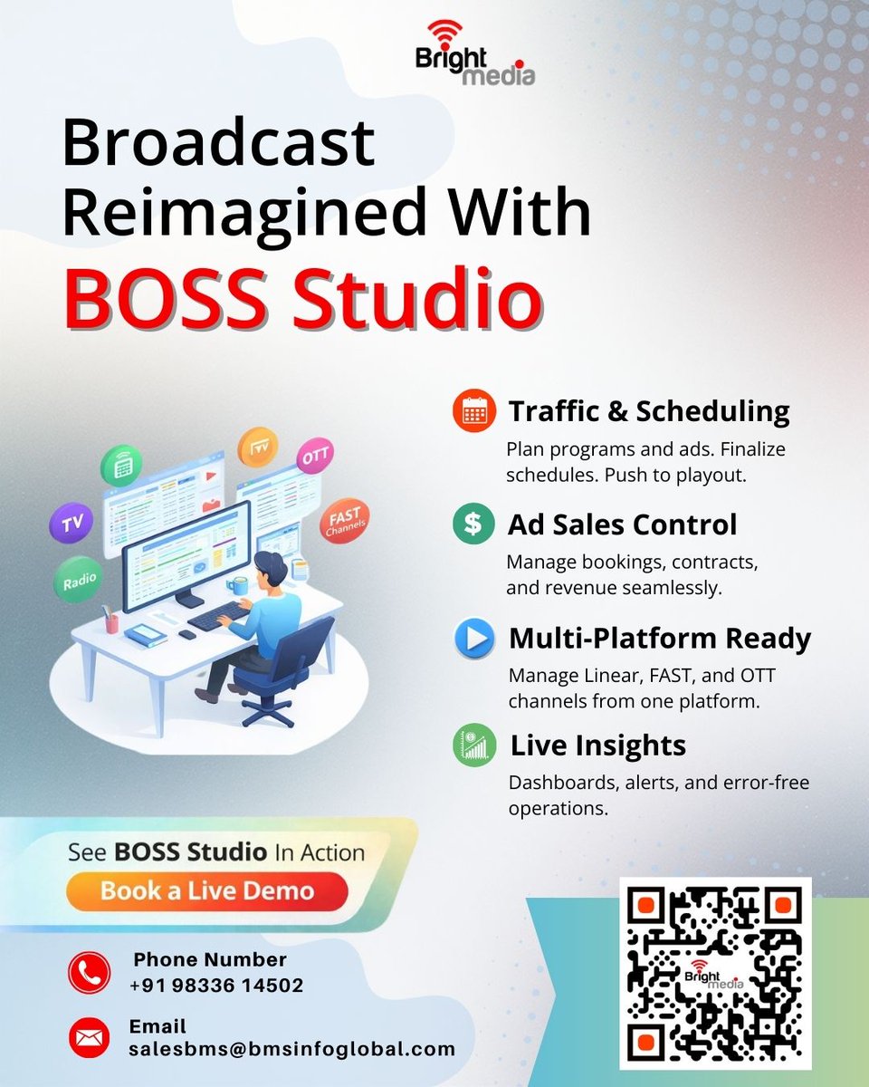 Brightmedia4u's tweet image. Broadcasting made simple.
Linear, OTT &amp;amp; FAST — all under control with BOSS Studio.

Visit - bmsinfoglobal.com

#WhiteLabel #CMS #DigitalBroadcasting #braodcastsolution #bosssoftware #techformedia #trafficandscheduling #broadcaster #fastchannels #BroadcastTech #ottplatform