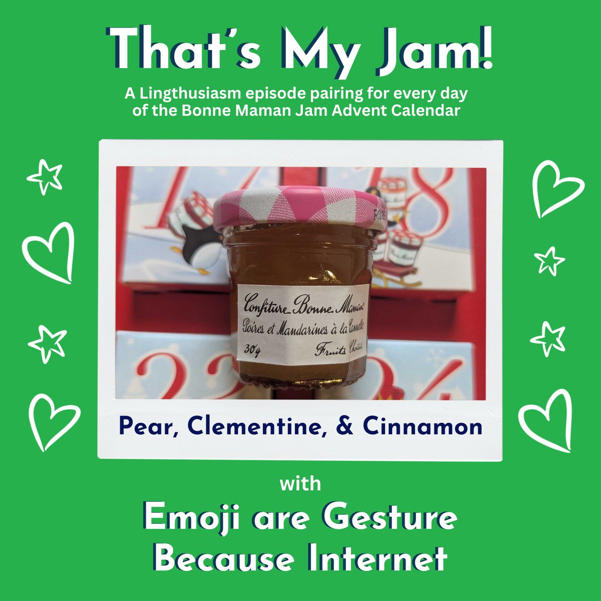 lingthusiasm's tweet photo. Day 17 of #ThatsMyJam!

Pear, Clementine, &amp; Cinnamon, with Emoji are Gesture Because Internet

You can listen to us get enthusiastic about emoji, and how gesture studies can bring us to a better understanding of these new digital pictures, here: https://t.co/e5rUf8C4yo https://t.co/0QmIewrc7O