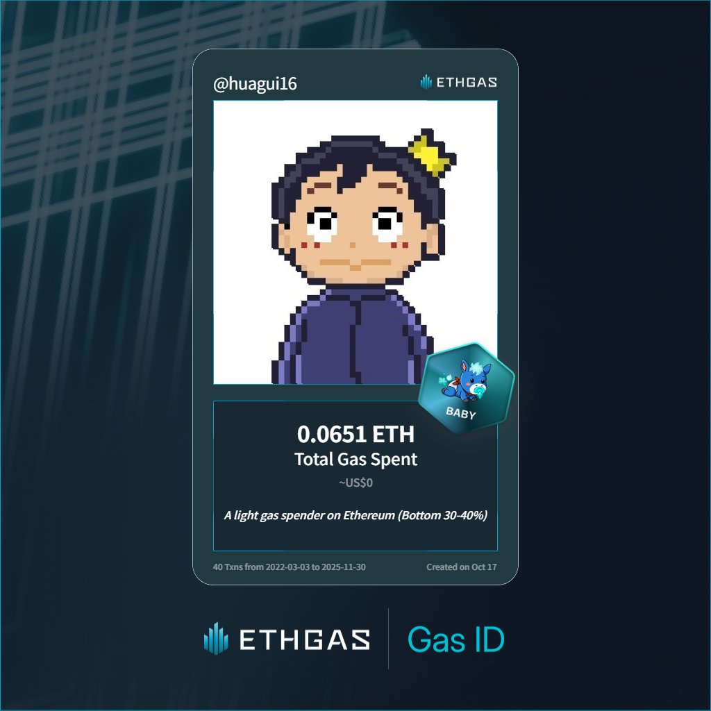 huagui16's tweet photo. Just unlocked my Gas ID via ETHGas 🪪

I'm a Baby Jack with 0.0651 ETH spent on gas since Beacon Chain - now fueling my climb to the Gasless Future and earned 16 Beans already. 

Reveal yours at https://t.co/ncYLGqOZ6J https://t.co/lmN0VdiuIi