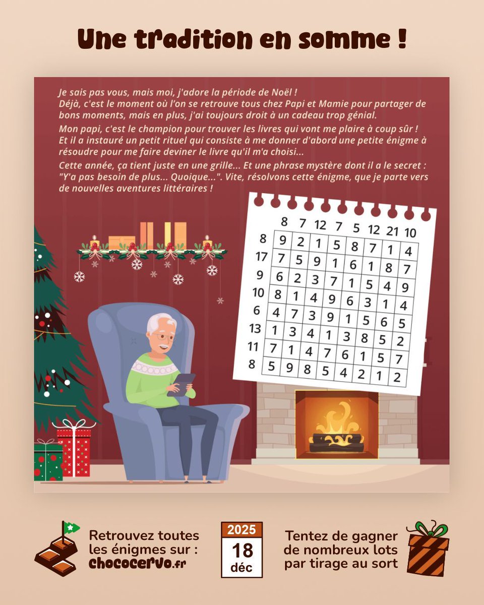 ChocoCervo's tweet photo. 🗓️ 18/12 : « Une tradition en somme ! » par Anthrael
Nouvelle énigme du calendrier ChocoCervo 🍫🧠
RDV sur https://t.co/rRwy9ypQdW pour saisir votre réponse ou obtenir des indices à J+1, J+2 et J+3. ✅⏱️
De nombreux lots à gagner par tirage au sort. 🎁
Bonne résolution ! 💪 https://t.co/oFjtpfzpj3