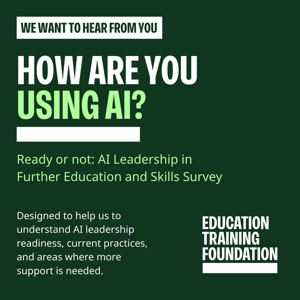 E_T_Foundation's tweet photo. Use your voice and shape future support. We want to better understand your current use of AI so that support coming next year can reflect the realities and ambitions of leaders across the sector. Complete this survey - https://t.co/wE7Ykcz5vC 

Closes: 5 January 2026. https://t.co/fSC8p54N9E