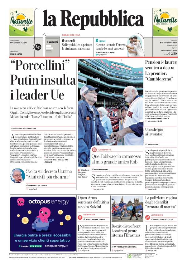 repubblica's tweet photo. La prima pagina di oggi #18december https://t.co/LZaZp2Gm1r 📰 https://t.co/yoqFG7ZChK