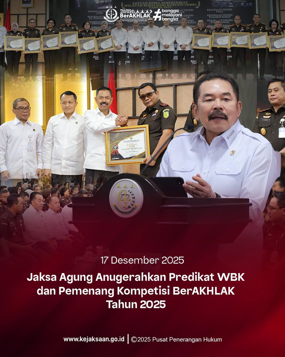 KejaksaanRI's tweet photo. Rabu 17 Desember 2025, Kejaksaan Republik Indonesia menyelenggarakan acara "Apresiasi & Penganugerahan Zona Integritas (ZI) Menuju Wilayah Bebas dari Korupsi (WBK) dan Kompetisi BerAKHLAK Tahun 2025". Kegiatan berlangsung secara hybrid di Aula Gedung Utama Kejaksaan Agung.

Dalam sambutannya, Jaksa Agung Burhanuddin menekankan bahwa kompetisi ini adalah instrumen strategis untuk menguji sejauh mana nilai-nilai dasar ASN (Berorientasi Pelayanan, Akuntabel, Kompeten, Harmonis, Loyal, Adaptif, dan Kolaboratif) terinternalisasi dalam perilaku sehari-hari insan Adhyaksa.

Selain penganugerahan ZI, Kejaksaan juga mengumumkan pemenang Kompetisi BerAKHLAK 2025. Kompetisi ini diikuti oleh 166 karya dari seluruh Indonesia yang mencakup kategori video, podcast, berita, dan artikel. Penilaian dilakukan secara komprehensif oleh Tim Evaluator dari Biro Perencanaan, Puspenkum, dan Kementerian PANRB untuk menjaring tiga besar terbaik pada setiap kategori.
