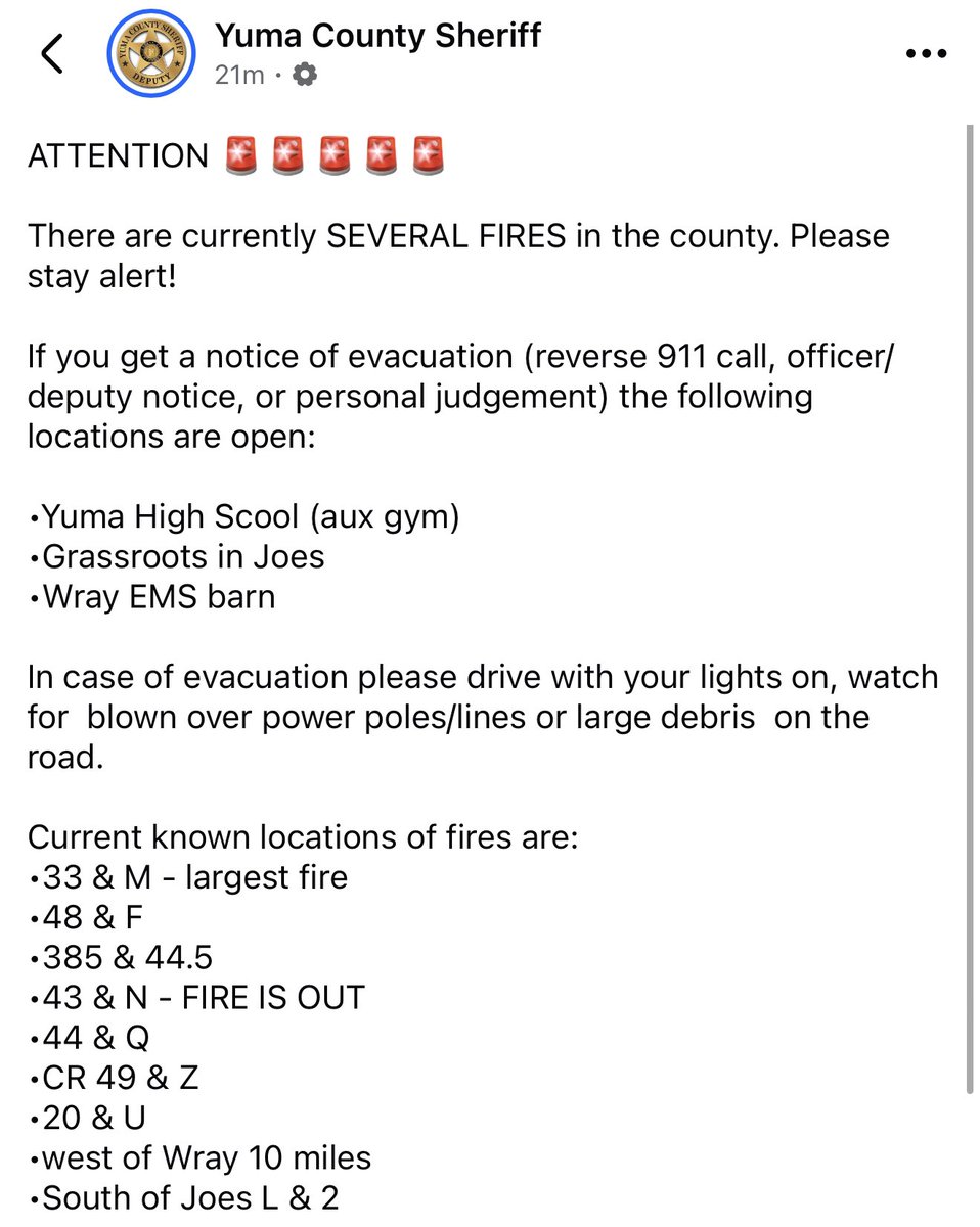 Important fire and evacuation info from the Yuma County Sheriff as of 10:30pm