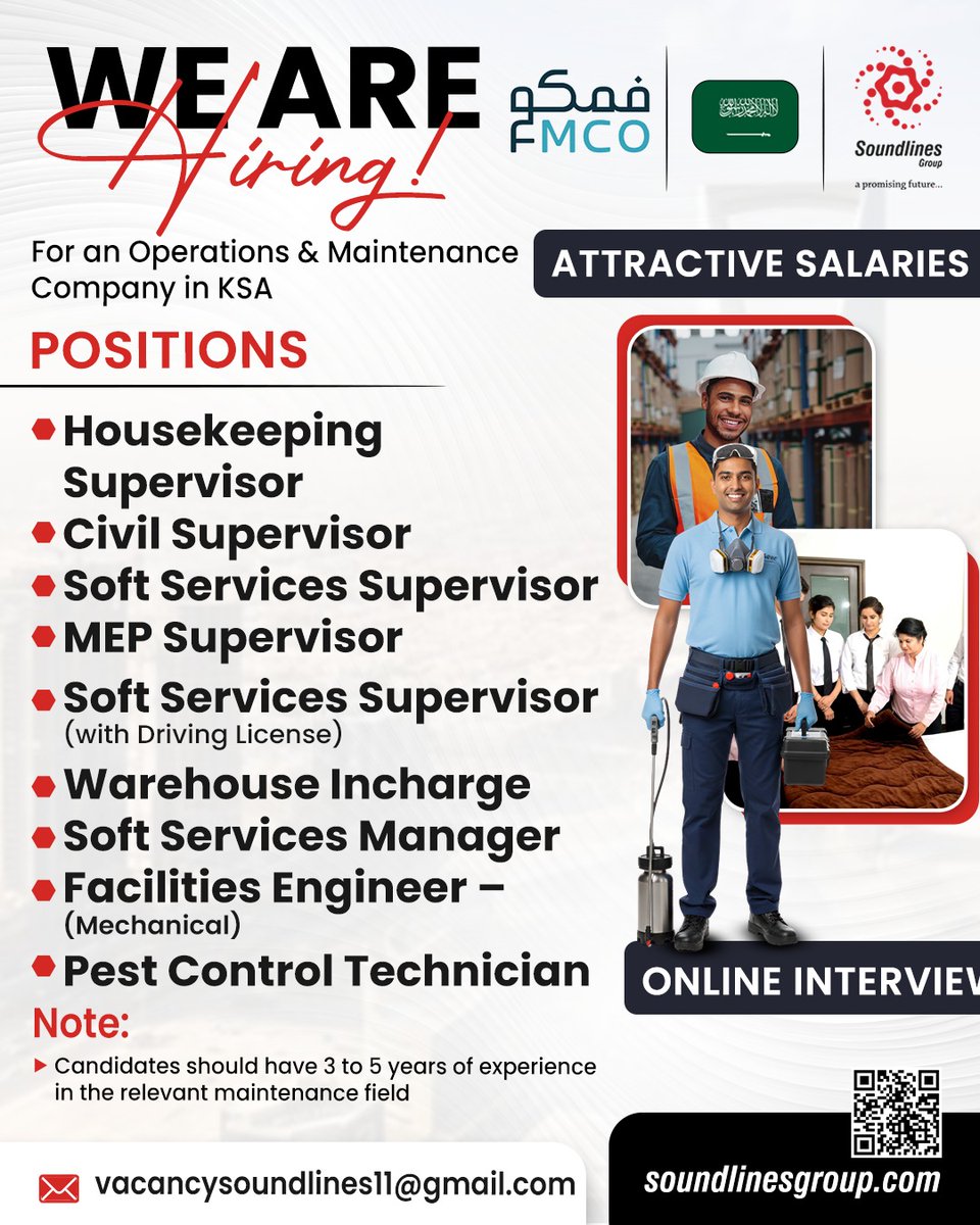 WE ARE Hiring!

For an Operations &amp; Maintenance Company in KSA

📌 To apply kindly send your resume to vacancysoundlines11@gmail.com

📌 Positions:

✔️Housekeeping Supervisor
✔️Civil Supervisor
✔️Soft Services Supervisor
✔️MEP Supervisor
✔️Soft Services Supervisor (with Driving