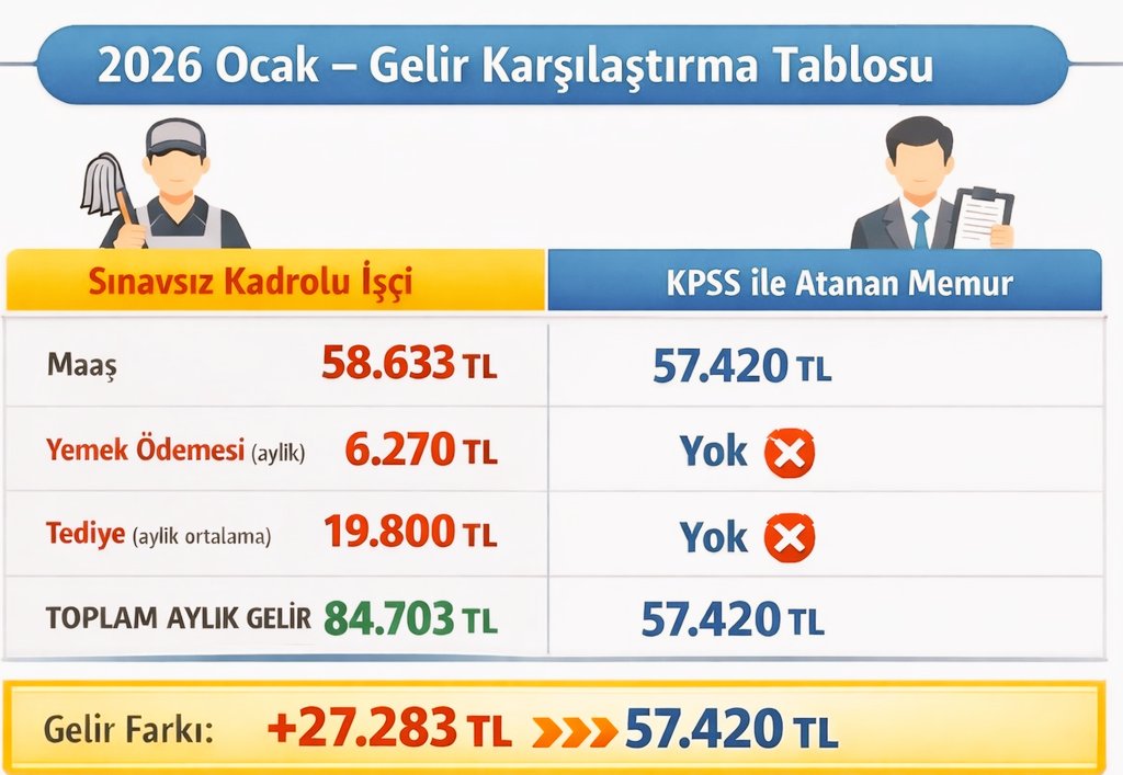 #NedenYok

Kamuda sınavsız kadroya geçirilen ilkokul mezunu işçi statüsündeki temizlik,güvenlik,sekreter vb. kişiler ile,
Üniversite mezunu;ülkesine,milletine hayırlı çalışmalarda bulunabilmek için kamuya sınavla,KPSS ile atanmış kişinin gelirlerine bakalım:

#memur