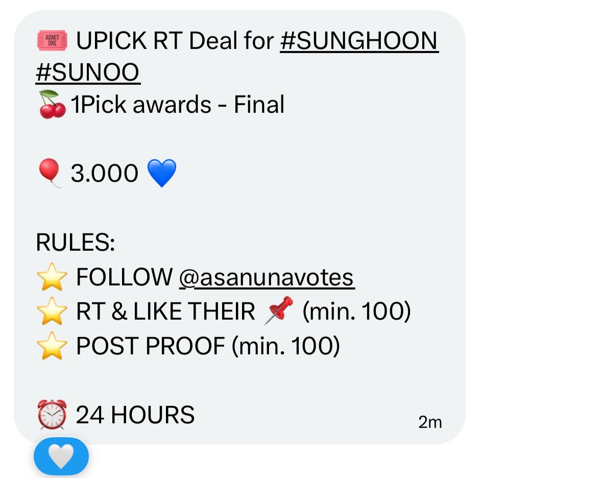🎟 UPICK RT Deal for #SUNGHOON #SUNOO
🍒1Pick awards - Final

🎈3.000 💙

RULES:
⭐ FOLLOW @asanunavotes
⭐ RT &amp; LIKE THEIR 📌 (min. 100)
⭐ POST PROOF (min. 100)

⏰ 24 HOURS 

#ENFuelUp #ENVOOSTERS