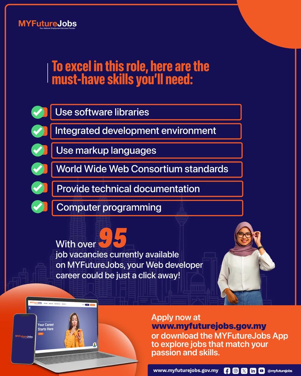MYFJOfficial's tweet image. Thinking of becoming a Web Developer?
Web devs turn ideas into experiences through code and creativity.
🚀 95+ web developer jobs are waiting on MYFutureJobs.
Your next move could be one click away.
Explore via the MYFutureJobs App or website today.
#MYFutureJobs #WebDeveloper