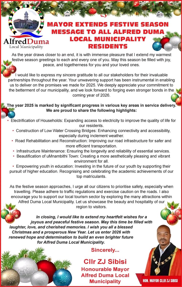 Umkhandlu wasekhaya i-Alfred Duma ngokuholwa uMhlonishwa Meya Cllr ZJ Sibisi ufisela zonke izakhamuzi zalimkhandlu ukhisimuzi omuhle noncibijana onezibusiso! 

Sijabule sizibheke siphephe yonke indawo. 

#Christmasfestive 
#AlfredDumaLocalMunicipality