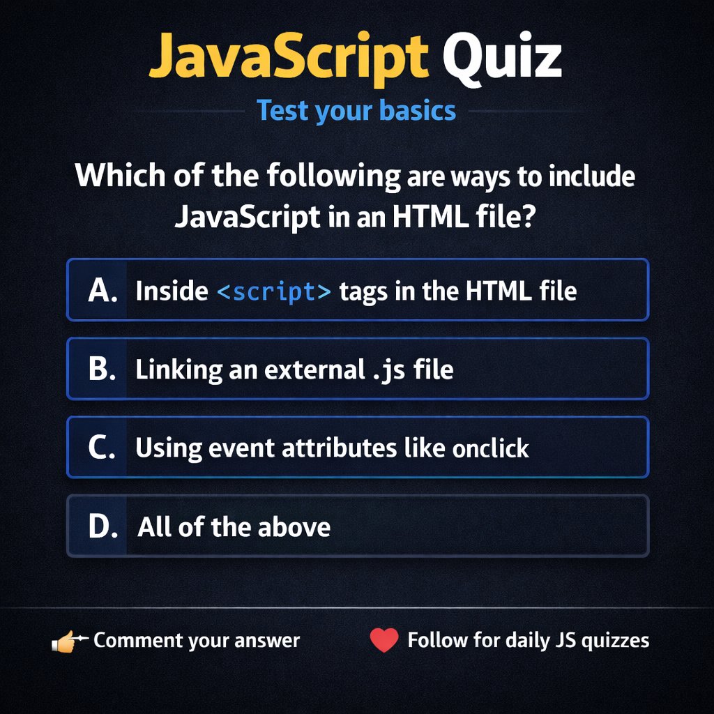 SmartLearnHub's tweet image. JavaScript Quiz 🧠
One question. Four options.
What’s your answer? 👇
#JavaScript
#WebDevelopment
#CodingQuiz