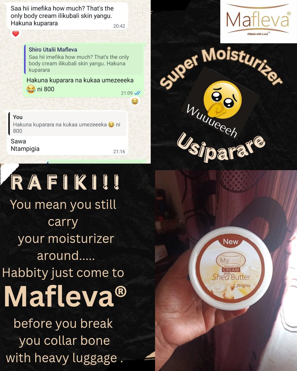 maflevaint's tweet image. Rafiki!! Once you get FLEVAD 🤩🤩💕 you will notice the difference. Our products will make you fall in love with your skin.
#Mafleva®
#Made_With_Love™
#Raha_Mwilini_Furaha_Moyoni 
#SiriYaUremboNiSisi
#WeDeliver #Smiles #peaceofmind #happy_people #glowingskin #supermoisturizer