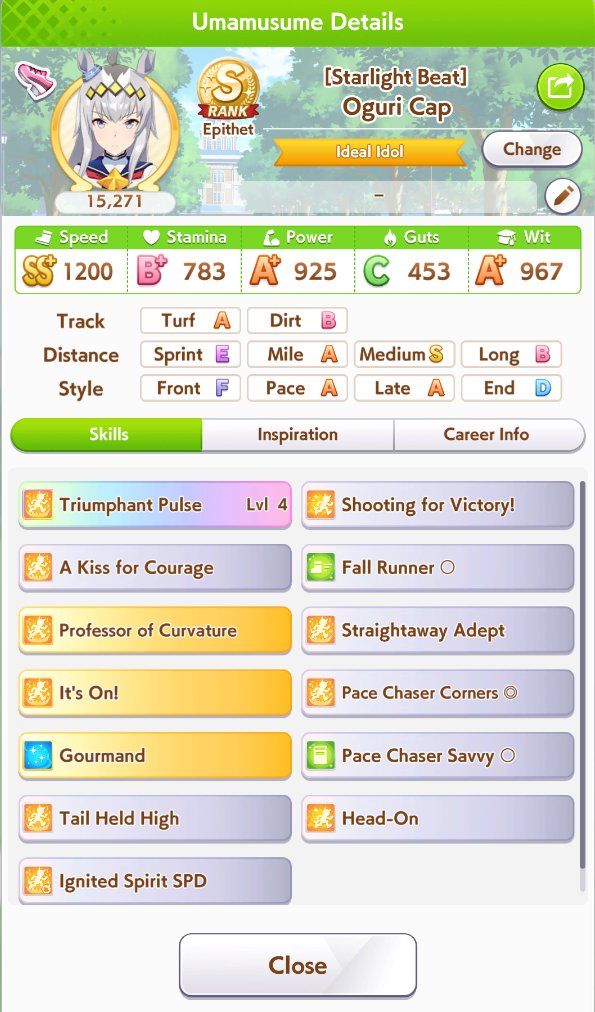 im mostly against playing backliners but cm7 team is done (2 end + 1 paceguri for suzu)

skills could be better but i really want to prep for arima kinen (cm8) so im leaving it here since the comp is strong in rooms and practice lobby as is