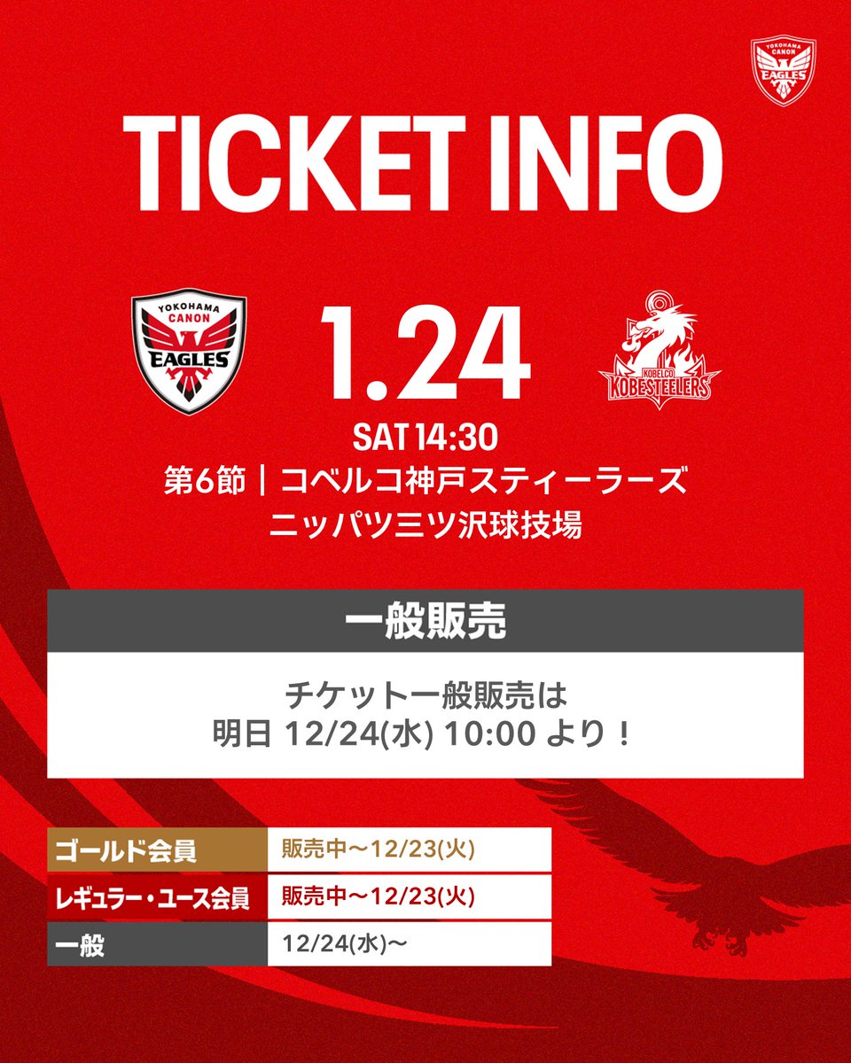 Canon_Eagles's tweet photo. #チケット情報 🎫🛒
🚨明日【12/24(水)10:00】より
第6節のチケット一般販売販売がスタート❗️☑
🔗https://t.co/XjJ2vYMqrU
🏉 第6節
🗓 2026/1/24(土)14:30KO
📍 ニッパツ三ツ沢球技場
🆚 コベルコ神戸スティーラーズ
#横浜キヤノンイーグルス
#結束 #BindToRise https://t.co/ZNkIMS7VGr