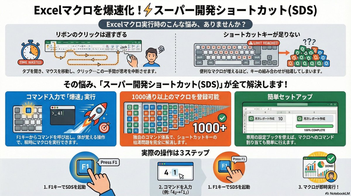 aero_iki's tweet image. Excel VBAの爆速開発ツール
「スーパー開発ショートカット（SDS）」
の紹介

・リボン登録マクロはボタンを探すが手間
・マクロのショートカットキー登録は既存のショートカットキーを圧迫するので登録には限度がある

って問題を解決。
softex-celware.com/post/super-dev…