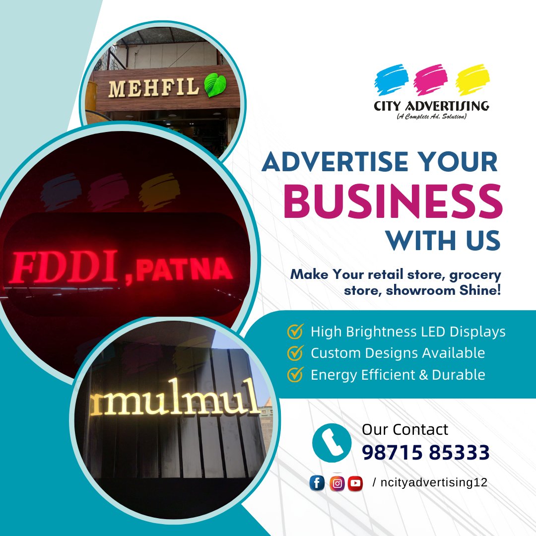 Ncityadvert's tweet image. ✨ Make Your Business Impossible to Ignore! ✨
Stand out on the streets with high-brightness #LEDsignboard &amp;amp; premium shop signage by #CityAdvertising 🚀

📞 Call us today: 98715 85333
📍 Serving #Patna &amp;amp; nearby areas

Let your brand shine brighter than your competition!