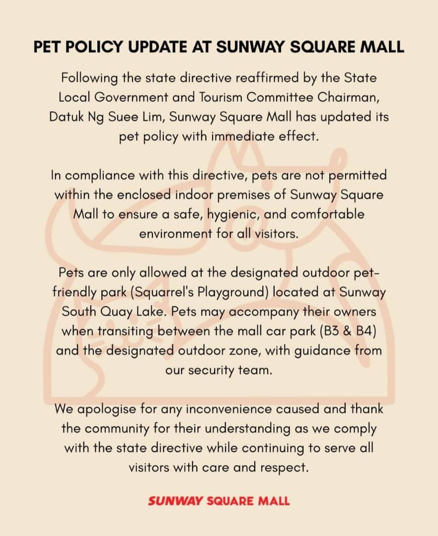 NewsBFM's tweet image. Sunway Square Mall has reversed its pet-friendly policy, banning pets in its enclosed indoor areas following a directive from the Selangor government.

Pets are now only allowed in the designated outdoor pet-friendly park, Squarrel's Playground, located at Sunway South Quay Lake.…