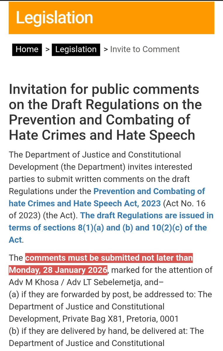 Invitation for public comments on the Draft Regulations on the Prevention and Combating of Hate Crimes and Hate Speech.
justice.gov.za/legislation/in…