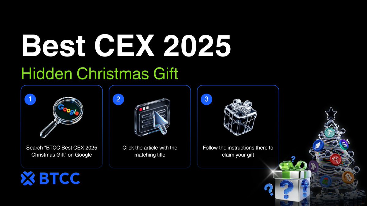 BTCCexchange's tweet image. 🎄BTCC's Best CEX Christmas Gift Hunt

Enter now:
1️⃣ Search “BTCC Best CEX 2025 Christmas Gift” on Google
2️⃣ Click the article with the exact title
3️⃣ Screenshot the article and post it in the comments below with #BTCCBestCEX
4️⃣ Follow @BTCCexchange, Like &amp;amp; Retweet this post, and
