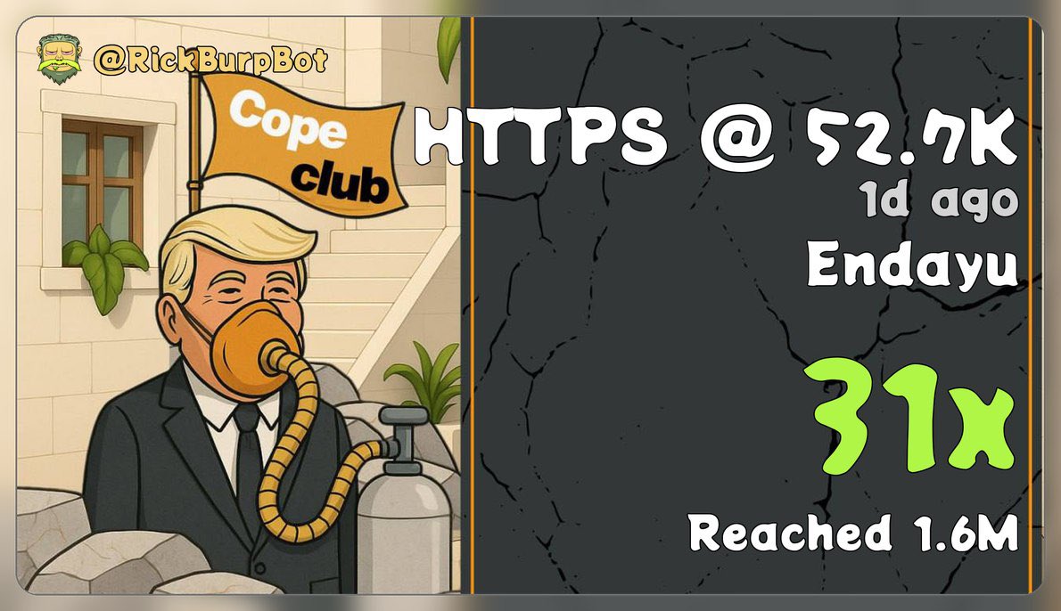 Don’t sleep on the Club. One of our resident Cope Club trenchers found $HTTPS at 52.7k marketcap

It just hit an All Time High of 1.6 million!

31x on this gem

Looks like it’s not stopping anytime soon let’s see 

7sGdNQSvUGpahh6qyXB3g5gsdK9FAzZM299KyCXspump