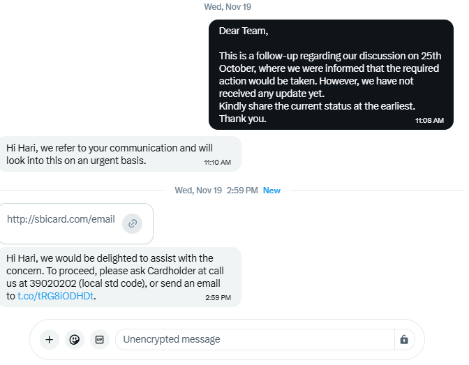 ihari_krishan's tweet photo. On 25 Oct, I complained against a misbehaving SBI Credit Card employee and was assured action. No action has been taken so far. Instead, the same person is repeatedly calling and abusing my sister. Has SBI normalised harassment, assuming complaints will fade away? @RBI https://t.co/JkYB3rdNJo