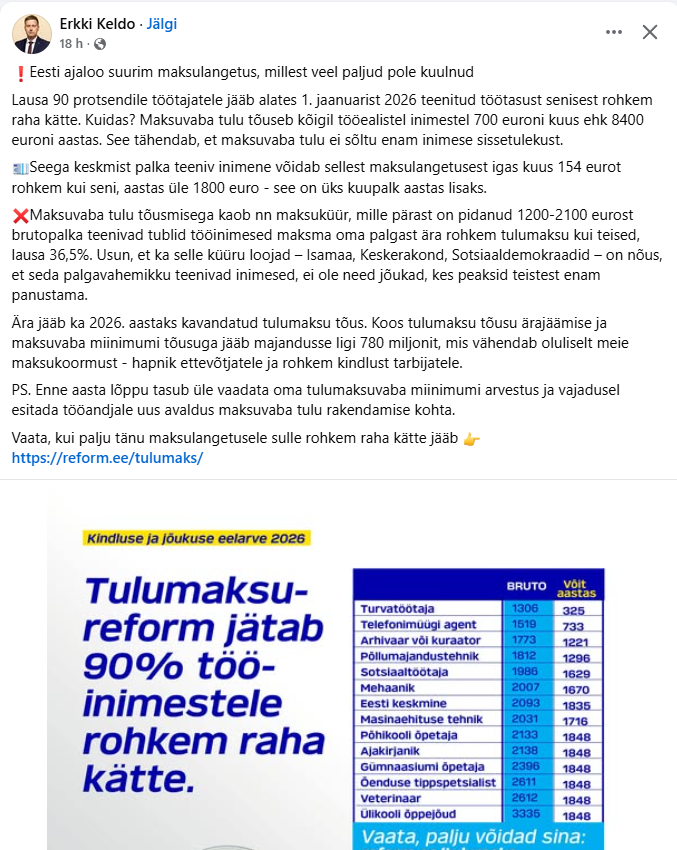 Millest Erkki sulle ei räägi on see kui palju on maksud tõusnud alates Reformi koalitsiooni jõudmisest 2021. 

Muidugi maksud ei saa olla igavesti paigal. Samas kommunikatsioon saab olla aus.