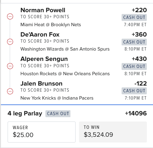 ColesAlgoPicks's tweet photo. POINTS PARLAY 🔥
This one is a NUKE if it hits 👇
Norman Powell 30+ PTS (+220)
De’Aaron Fox 30+ PTS (+360)
Alperen Şengün 30+ PTS (+430)
Jalen Brunson 30+ PTS (-122)
💰 4-Leg Parlay
💵 $25 ➝ $3,524
📈 +14096
High risk. Massive reward.
#NBA #NBABets #PointsParlay #Parlay #GamblingX #SportsBetting