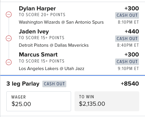 ColesAlgoPicks's tweet photo. POINTS PARLAY 🔥💰
Going for another ceiling shot tonight 👇
Dylan Harper 20+ PTS (+300)
Jaden Ivey 15+ PTS (+440)
Marcus Smart 15+ PTS (+300)
💰 3-Leg Parlay
💵 $25 ➝ $2,135
📈 +8540
Let it ride 😤
#NBA #NBABets #PointsParlay #Parlay #GamblingX #SportsBetting https://t.co/KNPDJQrO5f