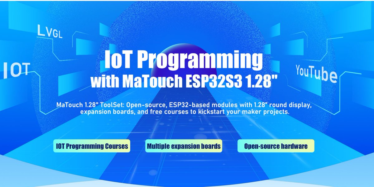 MakerfabsTech's tweet photo. From hardware to UI.
From ESP32 basics to real interaction.
🚀 MaTouch 1.28” ToolSet – 6-Lesson Video Series
Built for Makers &amp; IoT engineers who actually want to build.

#ESP32S3 #IoT #Makers #EmbeddedDev
▶️ Full playlist 👇
 https://t.co/5gFqyddXIV https://t.co/aBNWF4UH2g