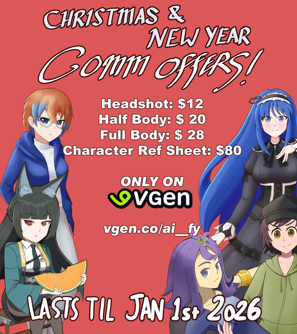 ai__fy's tweet image. It is time. Get yourself a 20% Discount for those interested commissioning me through VGen, and help me get verified on it! 

vgen.co/ai__fy

And as usual, the annual raffle is here as well! Win a Full body Commission from me simply by following me and Reposting this!