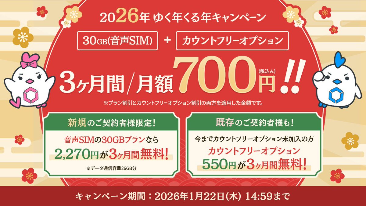 linksmate's tweet image. ＼🎍2025年もありがとうございました🎍／
2026年ゆく年くる年キャンペーン開催！

📢通信容量26GB分のプラン料金が3ヶ月間無料✨
📢カウントフリーオプションが3ヶ月間無料✨
音声通話付きSIMの30GB＋カウントフリーオプションなら月額700円‼️

linksmate.jp/campaign/newye…
👉2026年1月22日まで！…