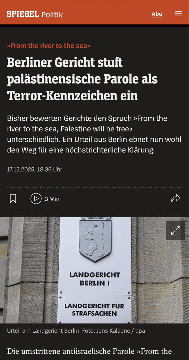 Ein wichtiges Urteil aus Berlin.

Das Landgericht Berlin stellt klar:
Wer „From the river to the sea“ ruft, verwendet ein Symbol einer Terrororganisation. Worte sind nicht harmlos, wenn sie zur Zerstörung Israels und zur Gewalt gegen Juden aufrufen.

Antisemitismus bleibt