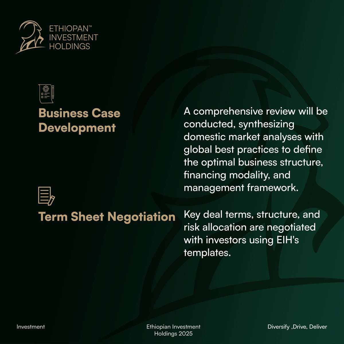 EIHEthiopia's tweet image. From opportunity identification and due diligence to execution and monitoring, @EIHEthiopia follows a structured investment process. It’s a roadmap designed for transparency, efficiency, and measurable results. #EthiopianInvestmentHoldings #InvestmentProcess #StrategicGrowth