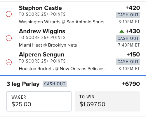 ColesAlgoPicks's tweet photo. 25+ POINTS PARLAY 🔥
Big number scorers only tonight 👇
Stephon Castle 25+ PTS (+420)
Andrew Wiggins 25+ PTS (+430)
Alperen Şengün 25+ PTS (+150)
💰 3-Leg Parlay
💵 $25 ➝ $1,697
📈 +6790
Need buckets. Lots of them 😤
#NBA #NBABets #PointsParlay #Parlay #GamblingX #SportsBetting