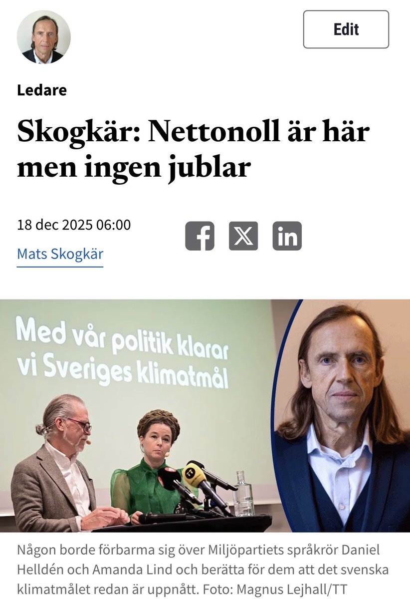 Skogkar's tweet image. Förra året togs mer växthusgaser upp – främst av all den skog som täcker 70 procent av landets yta – än som släpptes ut av industrin, vägtrafiken och annan mänsklig verksamhet.
En fantastisk klimatnyhet. År nettonoll är här! Tjugo år i förväg. Men inget jubel hörs. Tvärtom.