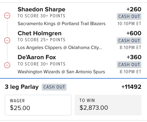 Project_Parlay_'s tweet photo. POINTS PARLAY 🚀🔥
Going full ceiling mode 👇
Shaedon Sharpe 30+ PTS (+260)
Chet Holmgren 25+ PTS (+600)
De’Aaron Fox 30+ PTS (+360)
💰 3-Leg Parlay
💵 $25 ➝ $2,873
📈 +11492
Swinging for the fences 😤
#NBA #NBABets #PointsParlay #Parlay #GamblingX #SportsBetting https://t.co/Jz499sOLli