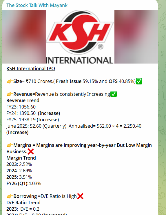 stock_mayank's tweet image. #KSHInternational IPO

Final Verdict
👉Currently Not even fully Subscribed just 0.37% at 12:00 PM. Demand is Week
👉Exp. Listing Gain= Flat to Negative
👉Better to Avoid❌

📌Join Telegram Channel for Detail
t.me/TheStockTalkWi…

#IPOAlert #IPOGMP #StockMarketIndia #IPOListing