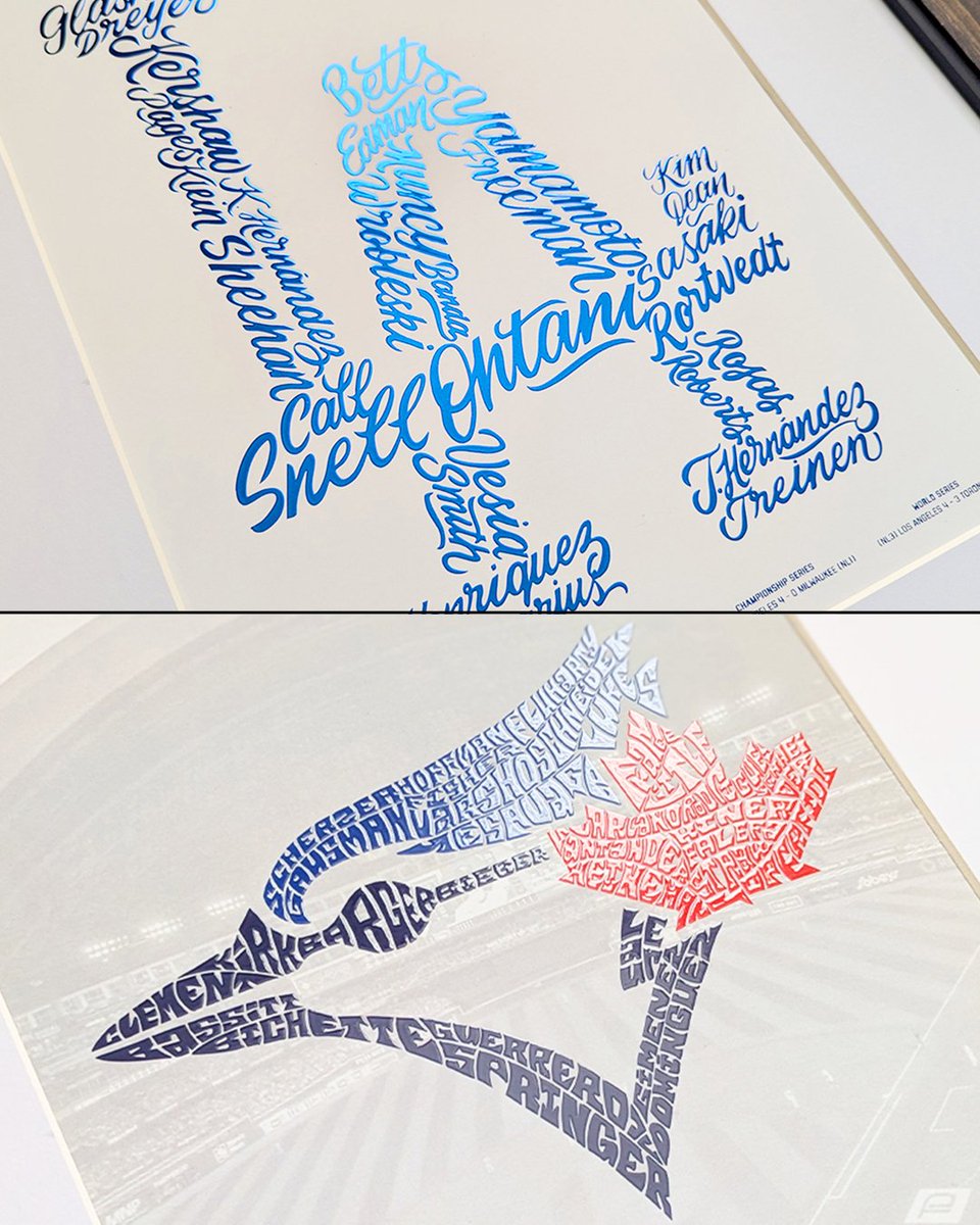 markserrano416's tweet image. 2 teams, 2 very different lettering approaches.

The Blue Jays piece leans into Fillmore-inspired lettering, using the type itself to fill the composition.

Dodgers: I pulled inspiration from the classic Dodgers wordmark &amp;amp; 
Mr. Cartoon’s Chicano-influenced lettering script.